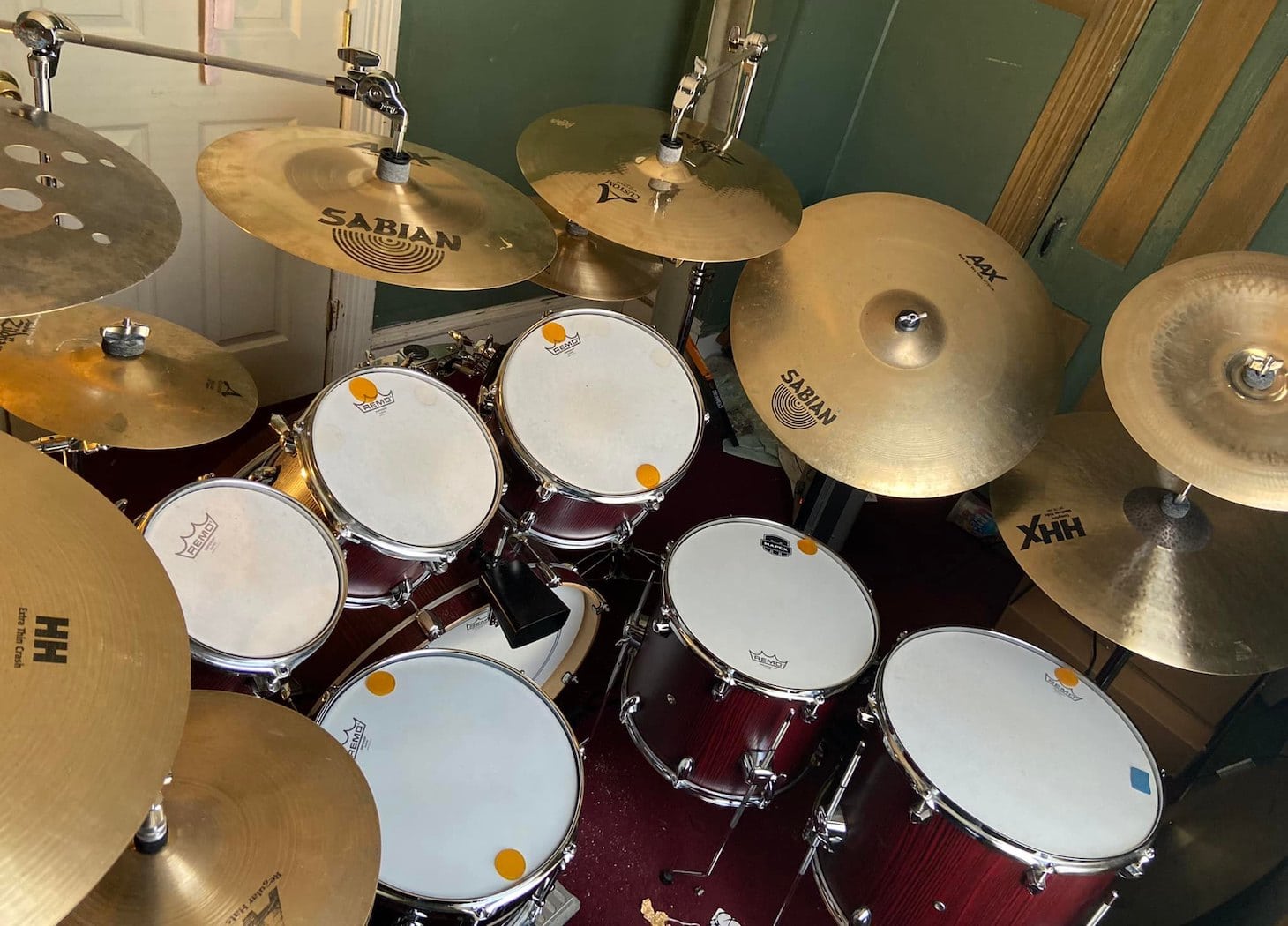 A 7-piece Mapex Mars Kit donning different brands of cymbals